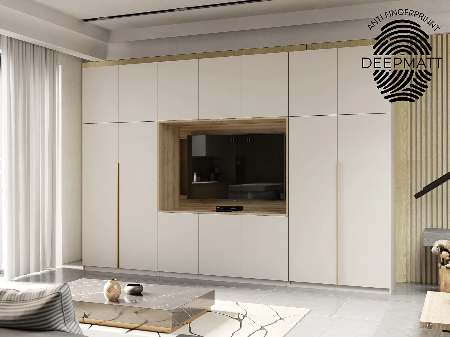 Parete attrezzata moderna con grandi armadi e vetrina TV HORIZON apertura a pressione