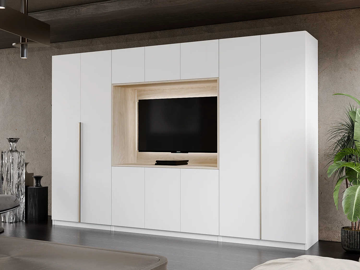 Meuble mural moderne avec grandes armoires et vitrine TV VISION Ouverture par pression