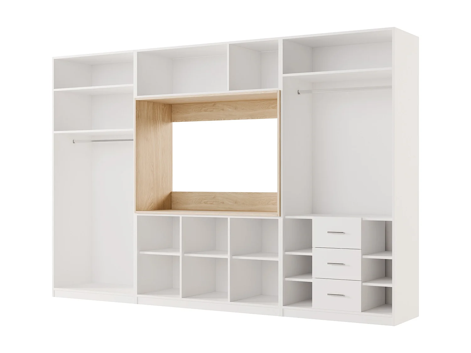 Meuble mural moderne avec grandes armoires et vitrine TV VISION Ouverture par pression