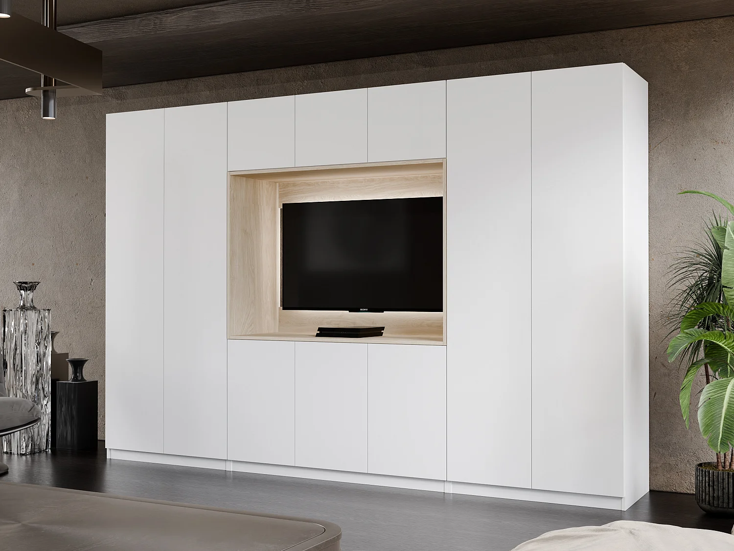 Meuble mural moderne avec grandes armoires et vitrine TV VISION Ouverture par pression