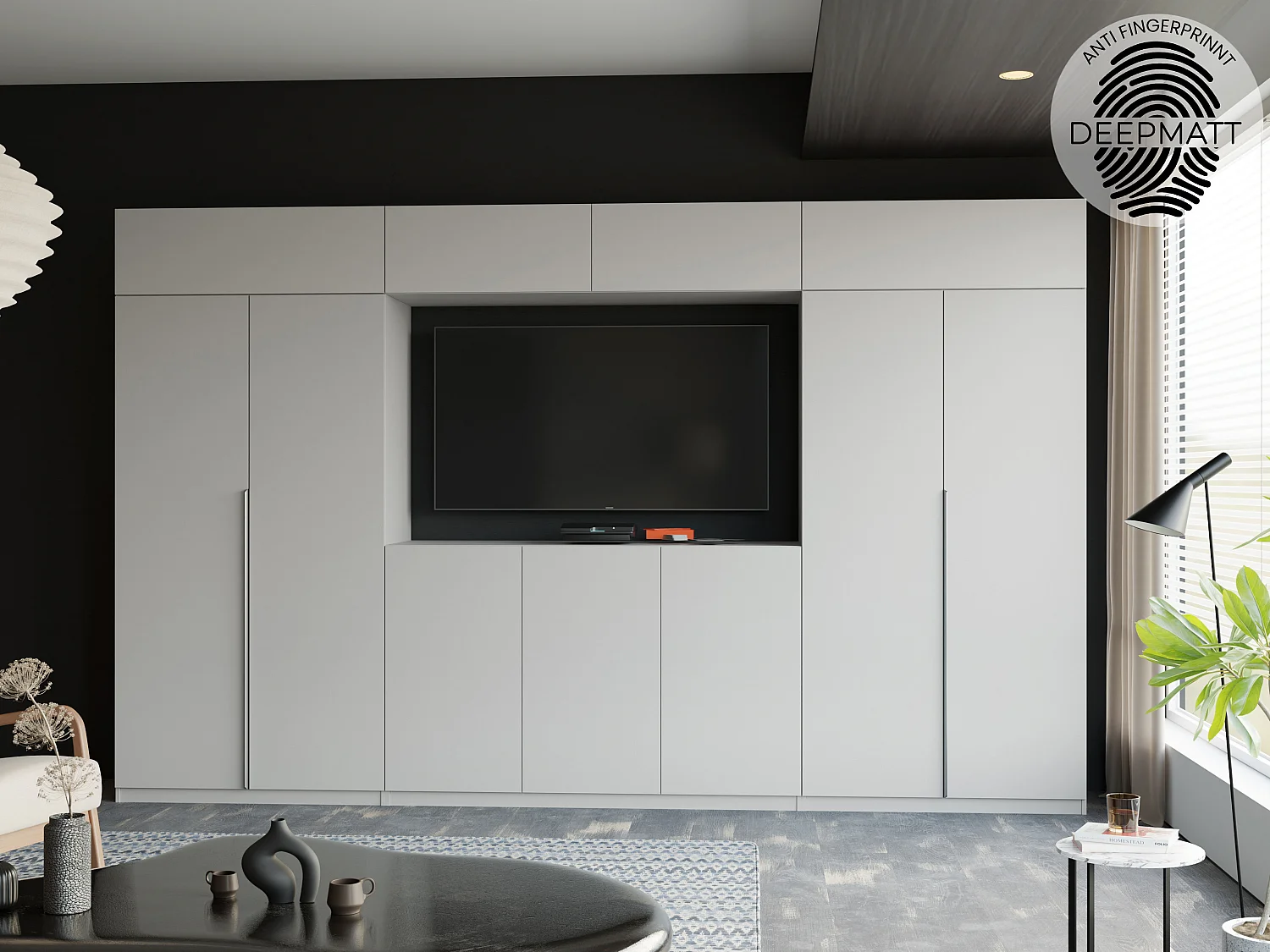Parete attrezzata moderna con grandi armadi e vetrina TV ATRIUM apertura a pressione