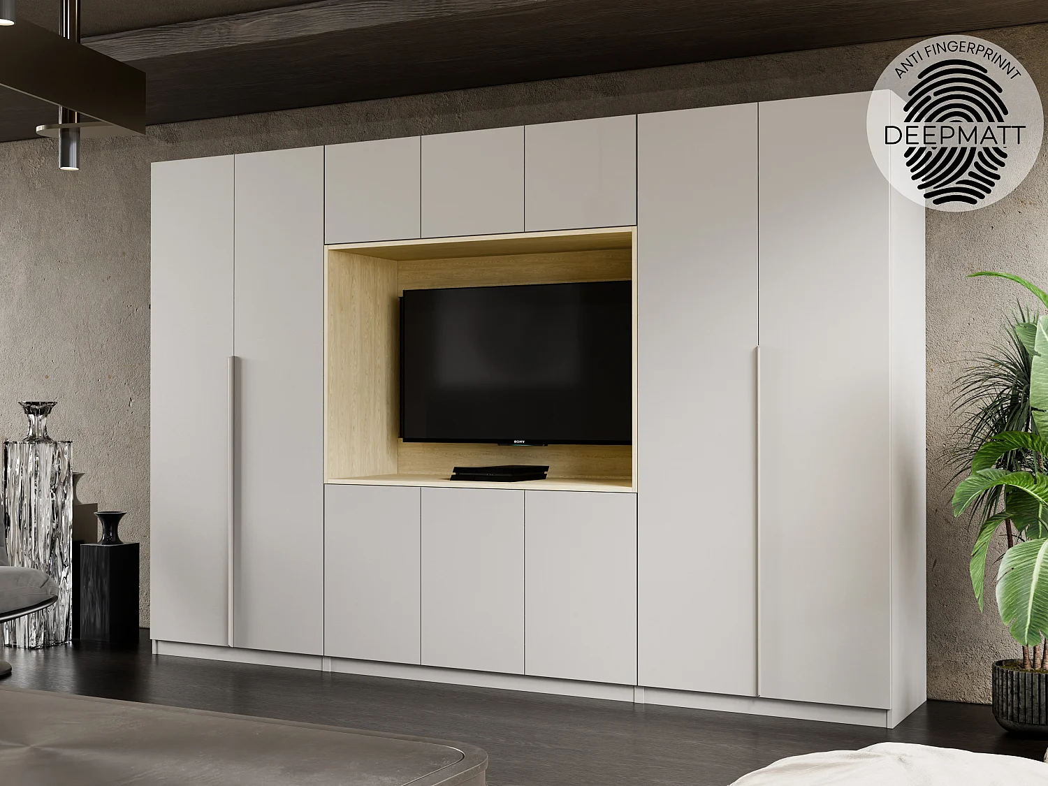 Meuble mural moderne avec grandes armoires et vitrine TV VISION Ouverture par pression