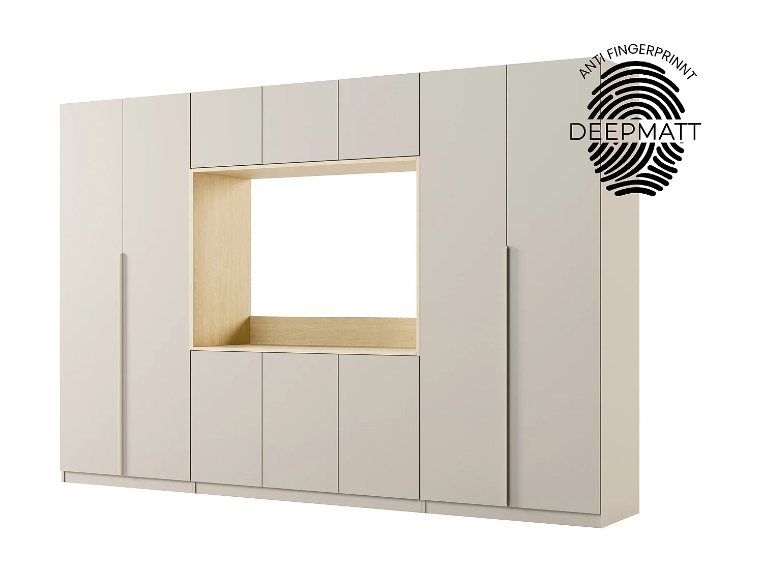 Meuble mural moderne avec grandes armoires et vitrine TV VISION Ouverture par pression