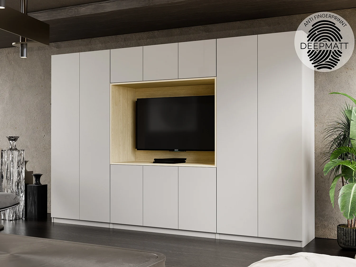 Meuble mural moderne avec grandes armoires et vitrine TV VISION Ouverture par pression
