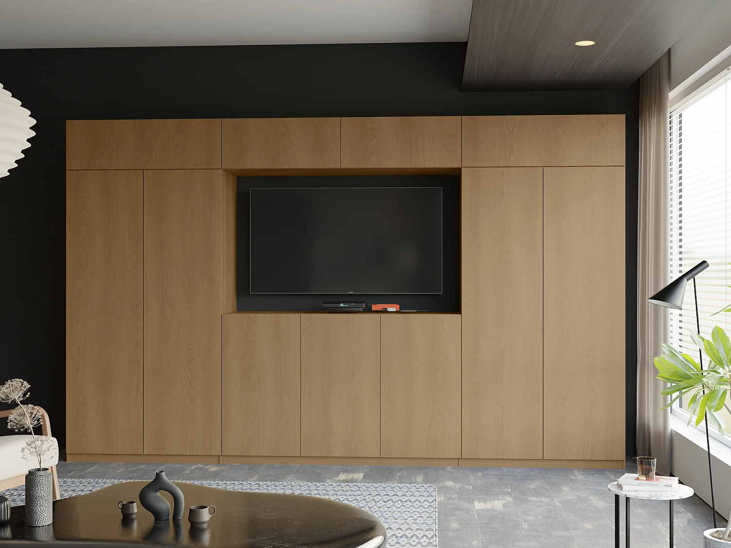 Parete attrezzata moderna con grandi armadi e vetrina TV ATRIUM apertura a pressione