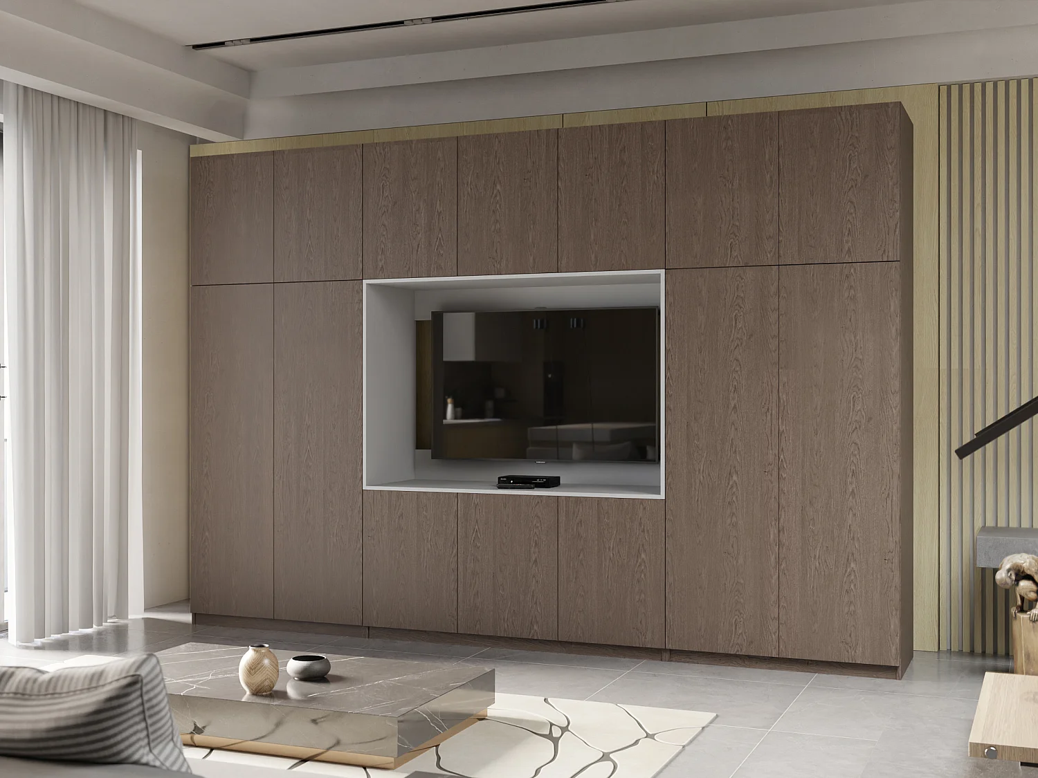 Parete attrezzata moderna con grandi armadi e vetrina TV HORIZON apertura a pressione