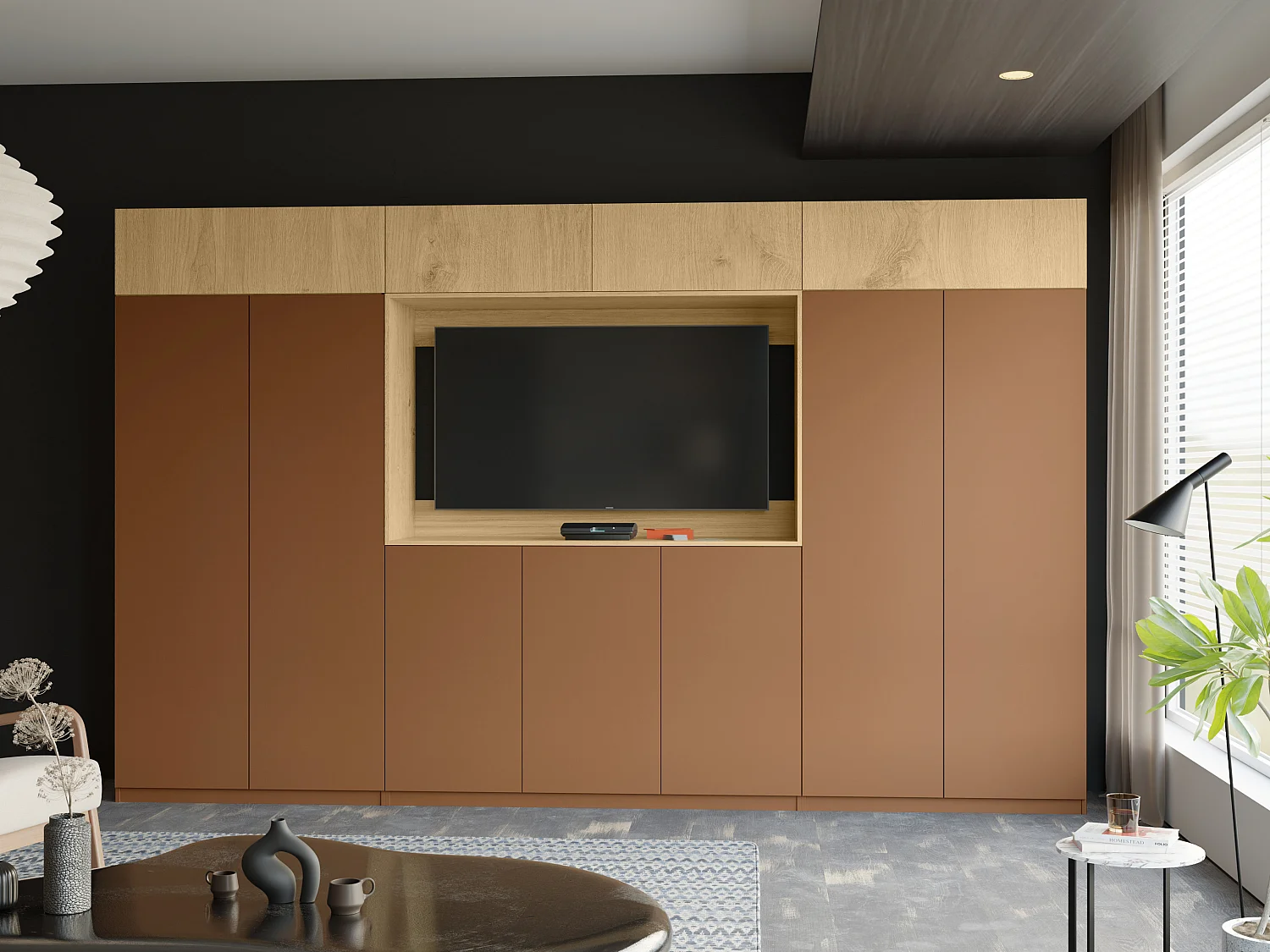 Parete attrezzata moderna con grandi armadi e vetrina TV ATRIUM apertura a pressione