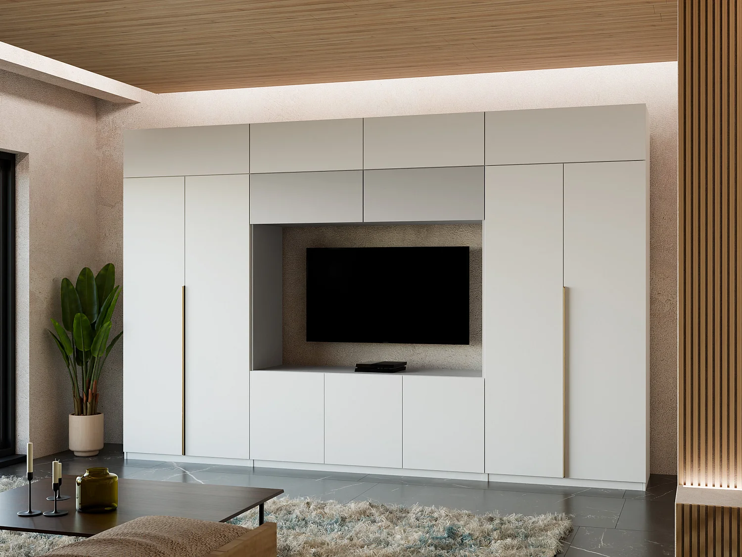 Meuble mural moderne avec grandes armoires et vitrine TV INFINITY Ouverture par pression
