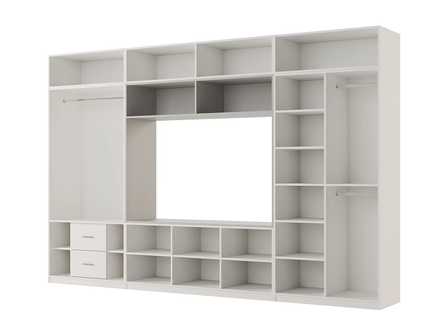 Meuble mural moderne avec grandes armoires et vitrine TV INFINITY Ouverture par pression