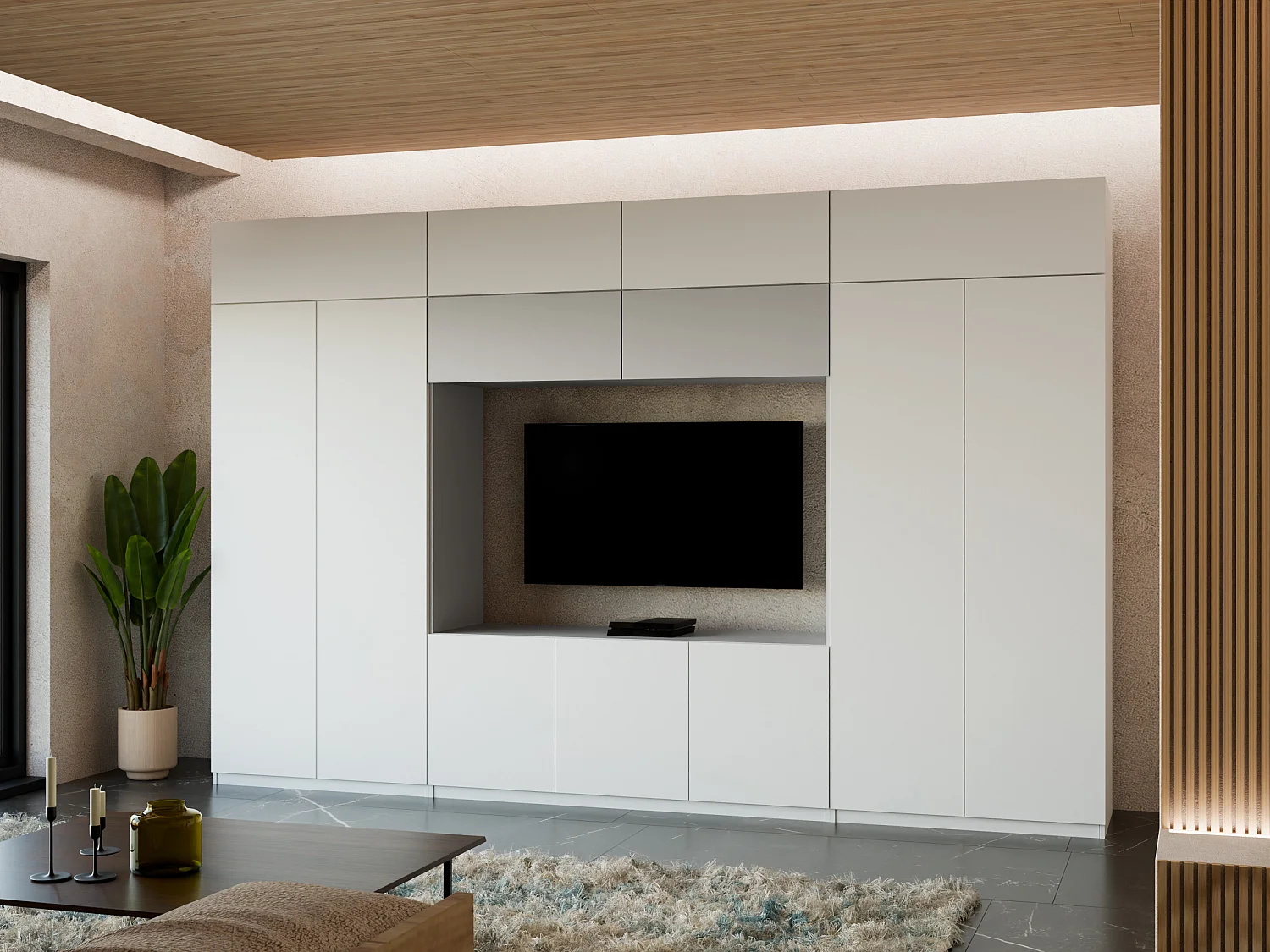 Meuble mural moderne avec grandes armoires et vitrine TV INFINITY Ouverture par pression