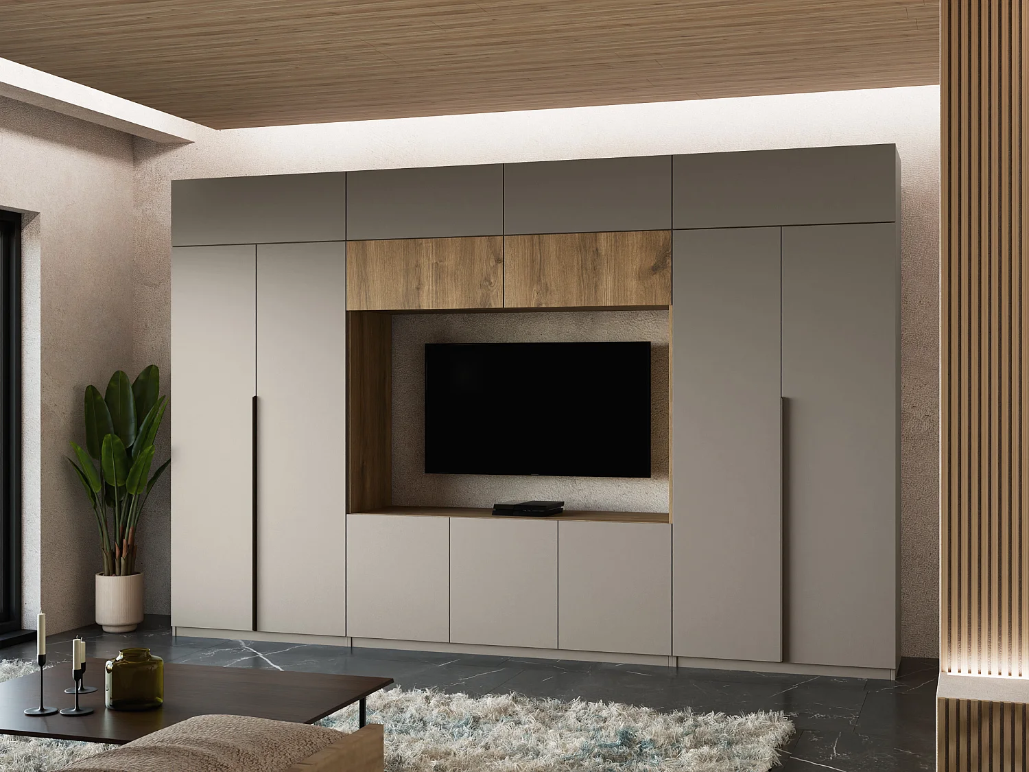 Meuble mural moderne avec grandes armoires et vitrine TV INFINITY Ouverture par pression