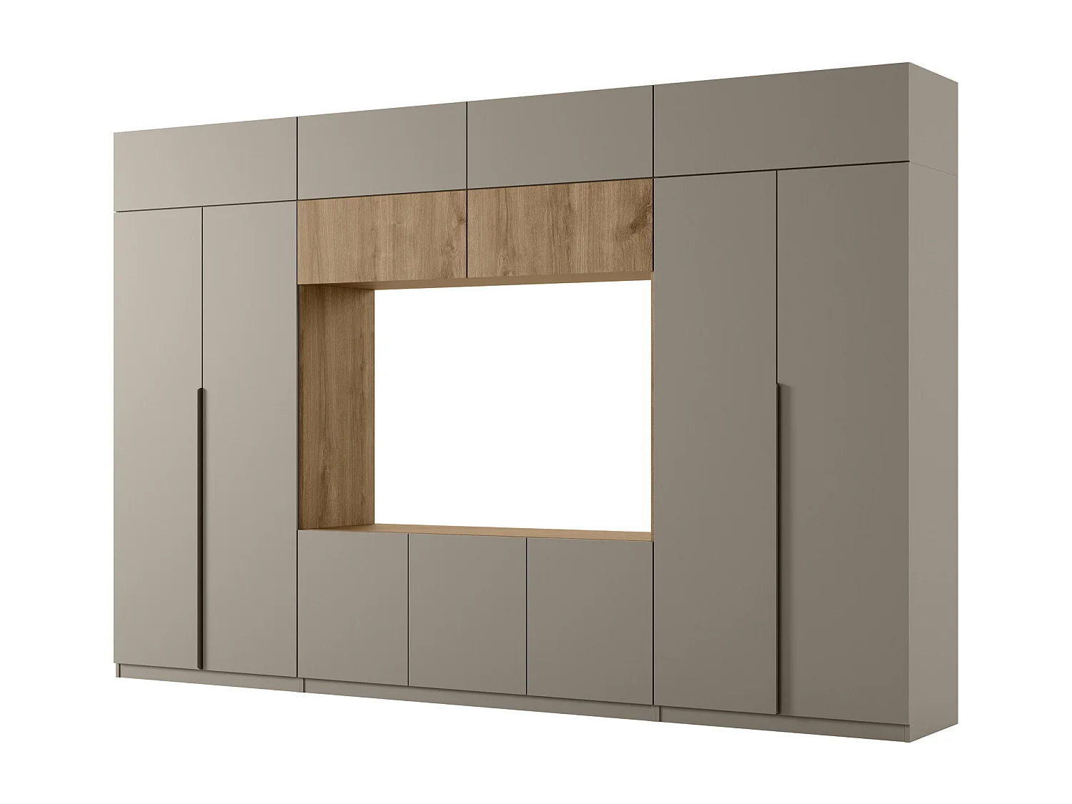Meuble mural moderne avec grandes armoires et vitrine TV INFINITY Ouverture par pression