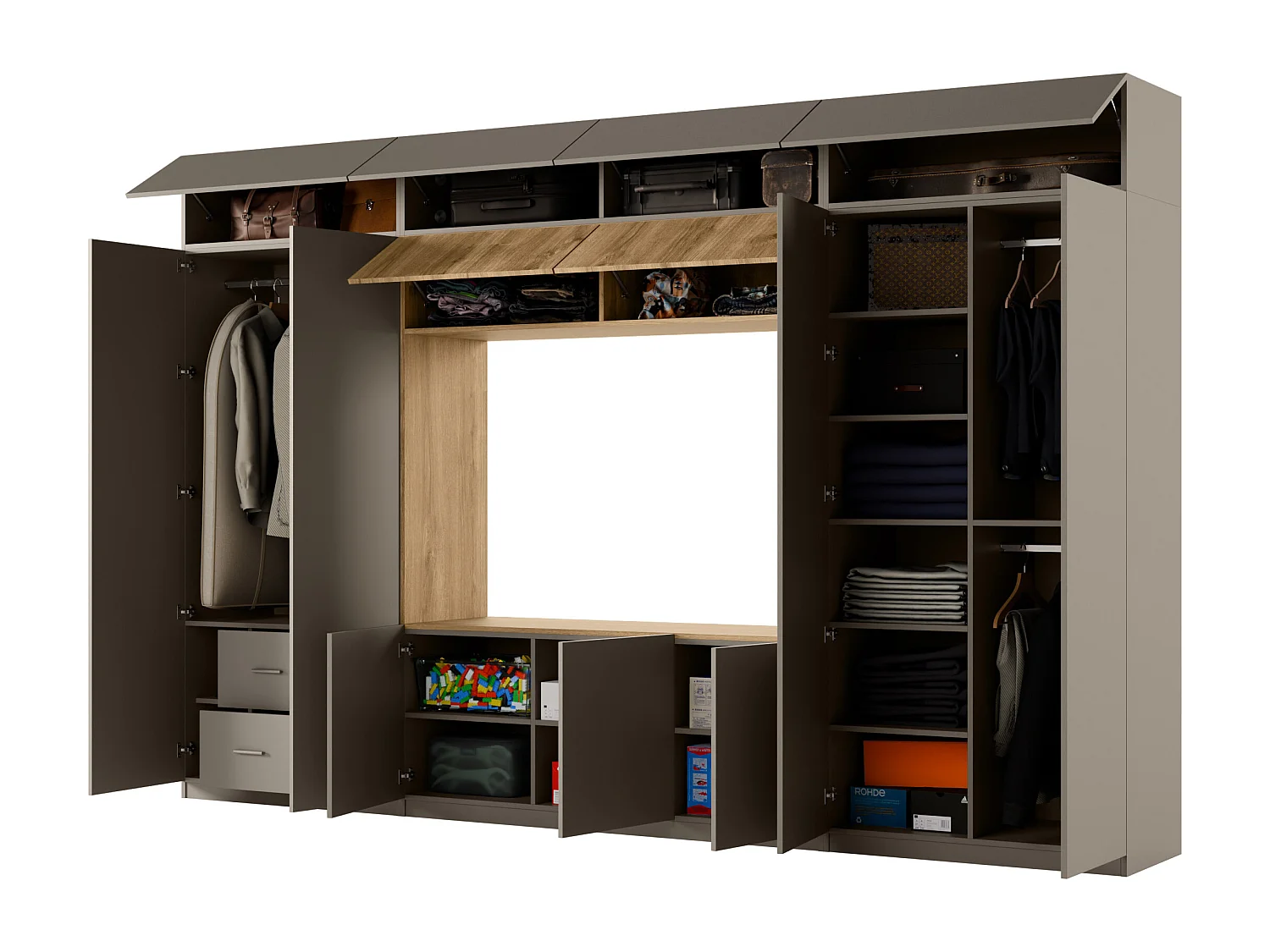 Meuble mural moderne avec grandes armoires et vitrine TV INFINITY Ouverture par pression