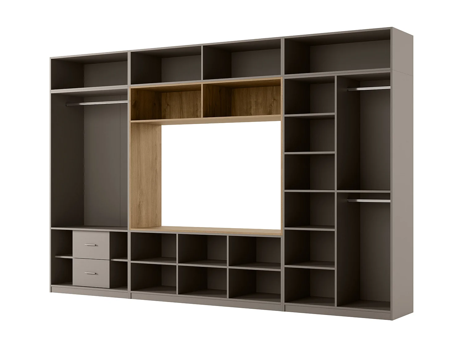 Meuble mural moderne avec grandes armoires et vitrine TV INFINITY Ouverture par pression