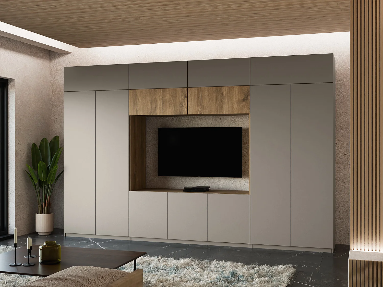 Meuble mural moderne avec grandes armoires et vitrine TV INFINITY Ouverture par pression