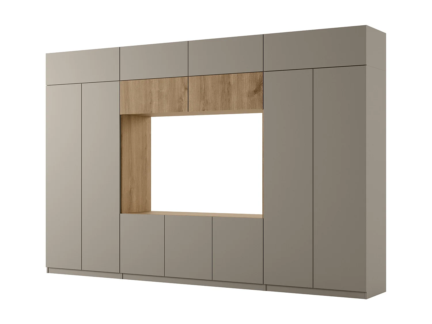 Meuble mural moderne avec grandes armoires et vitrine TV INFINITY Ouverture par pression