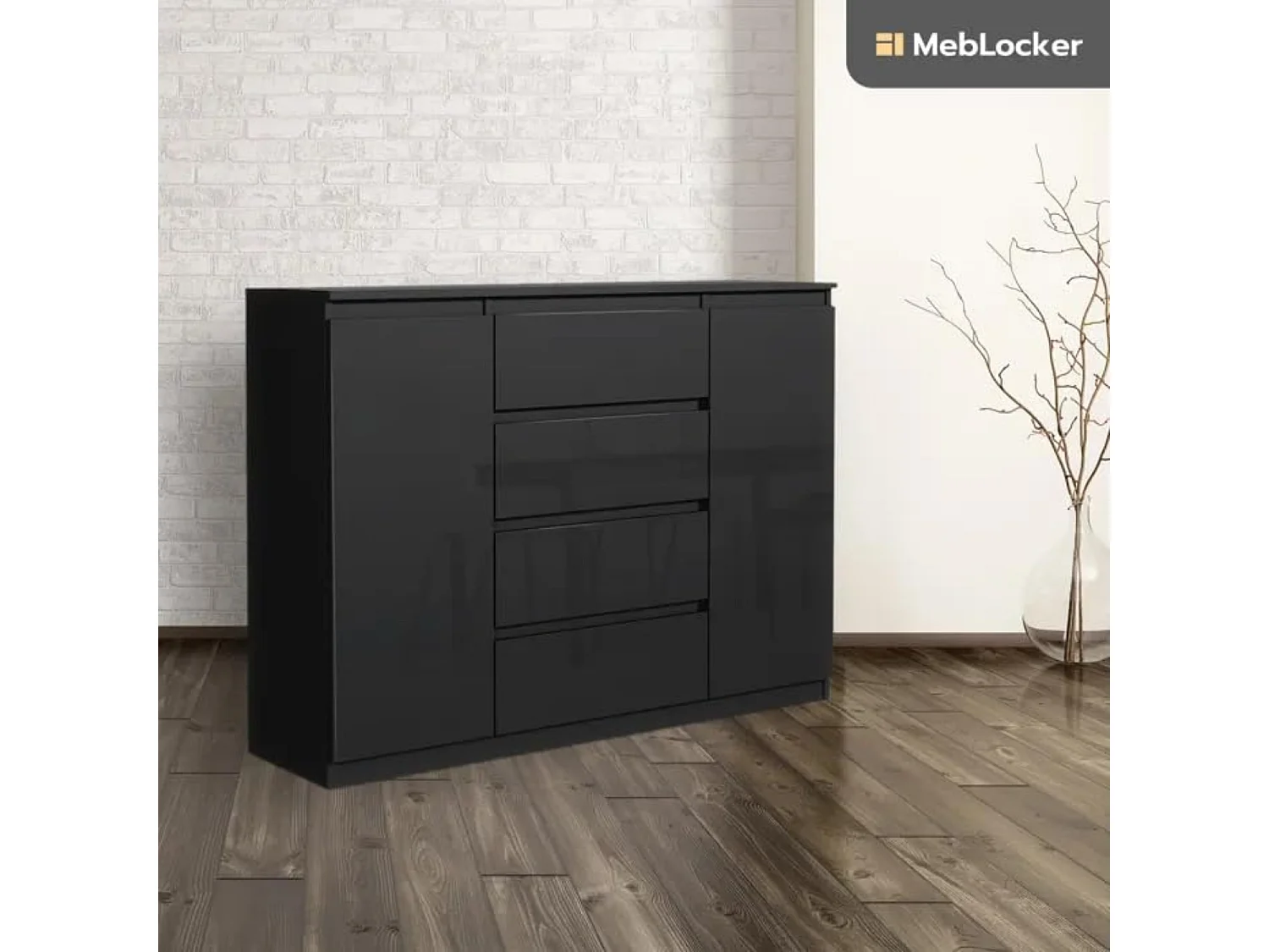 MebLocker ladekast met 4 lades, 2 deuren, 120 cm, ideaal voor de woonkamer, slaapkamer, kinderkamer en kantoor (Nior met glanzende voorkanten)