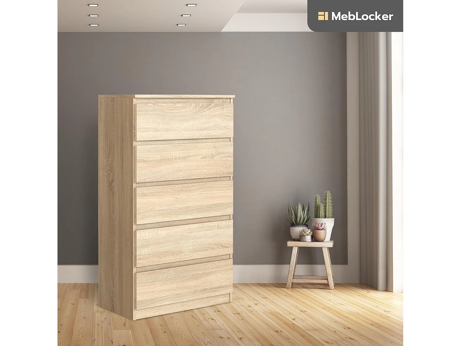 MebLocker Slaapkamer Ladekast 5 Lades Sonoma Oak 70x124,5x39 cm - Woonkamer Kast - Hoge Entree Ladekast - Slaapkamer Opbergkast