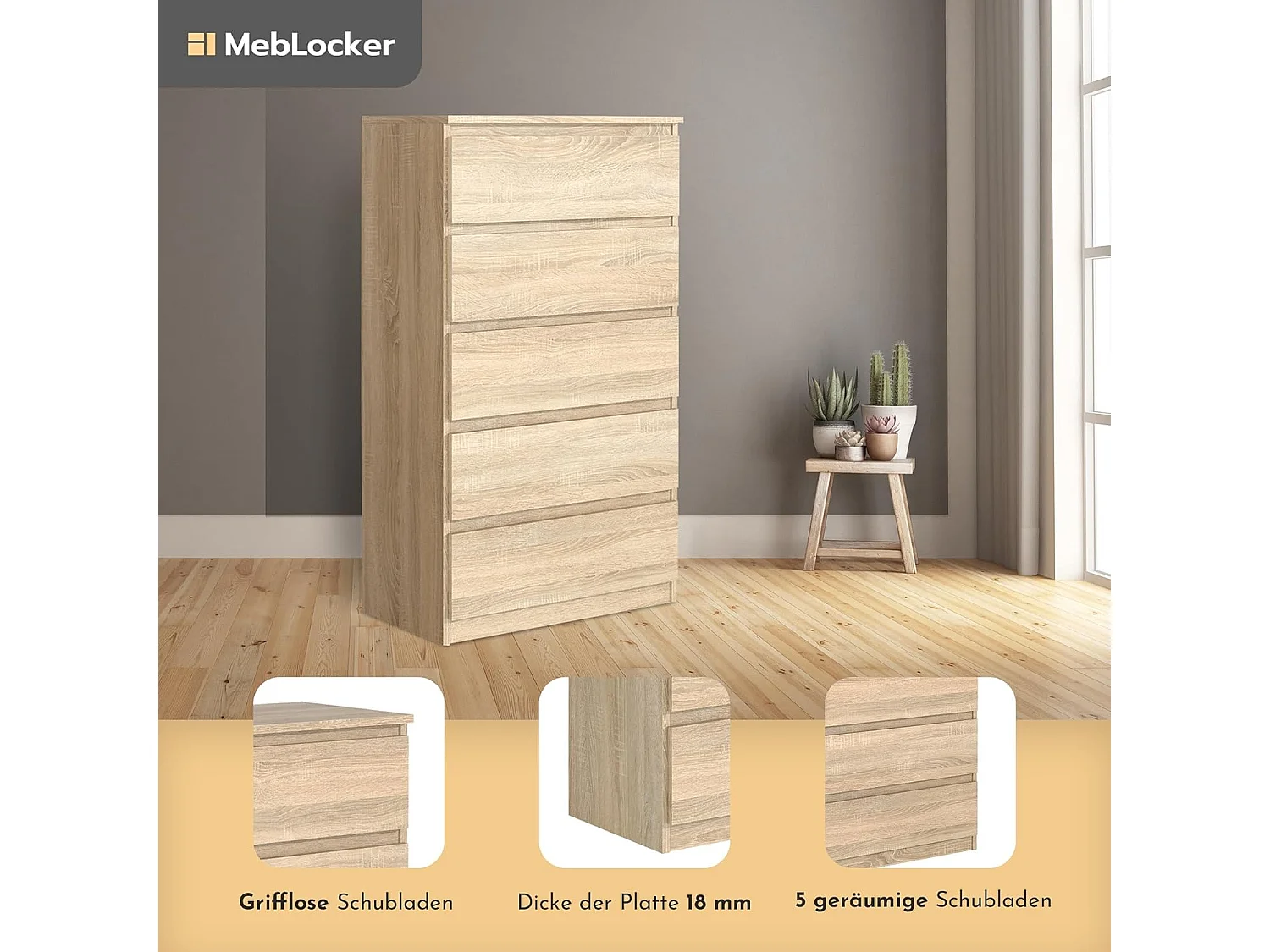 MebLocker Slaapkamer Ladekast 5 Lades Sonoma Oak 70x124,5x39 cm - Woonkamer Kast - Hoge Entree Ladekast - Slaapkamer Opbergkast