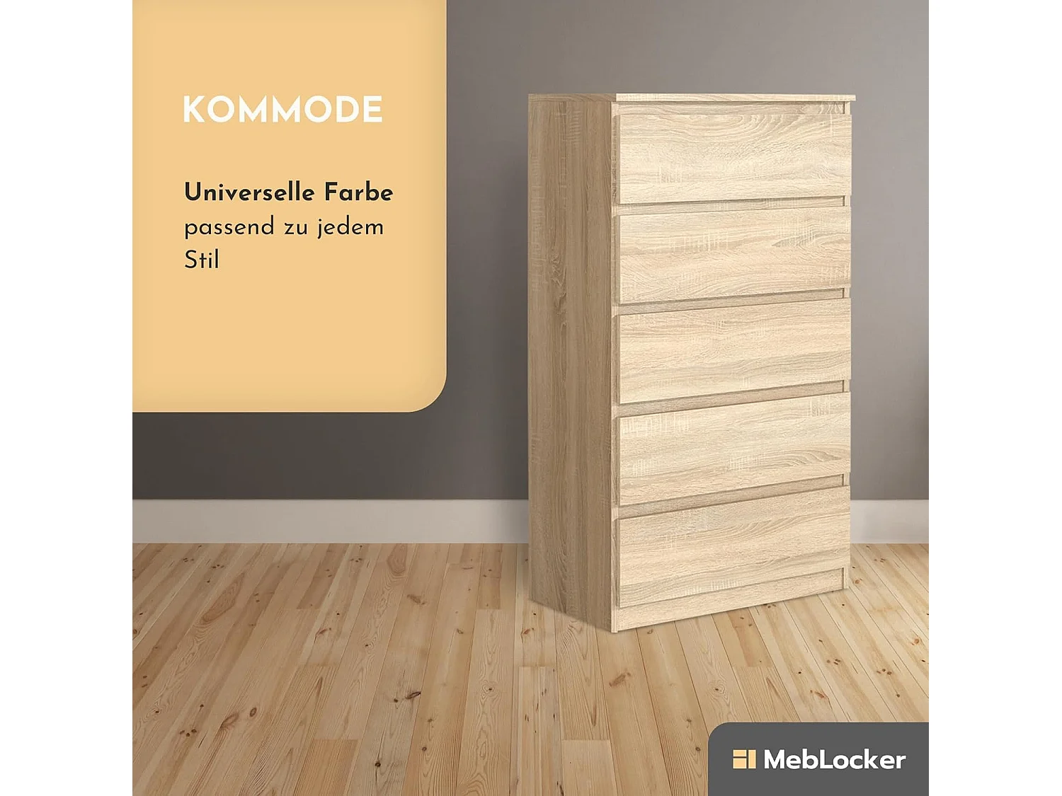 MebLocker Slaapkamer Ladekast 5 Lades Sonoma Oak 70x124,5x39 cm - Woonkamer Kast - Hoge Entree Ladekast - Slaapkamer Opbergkast