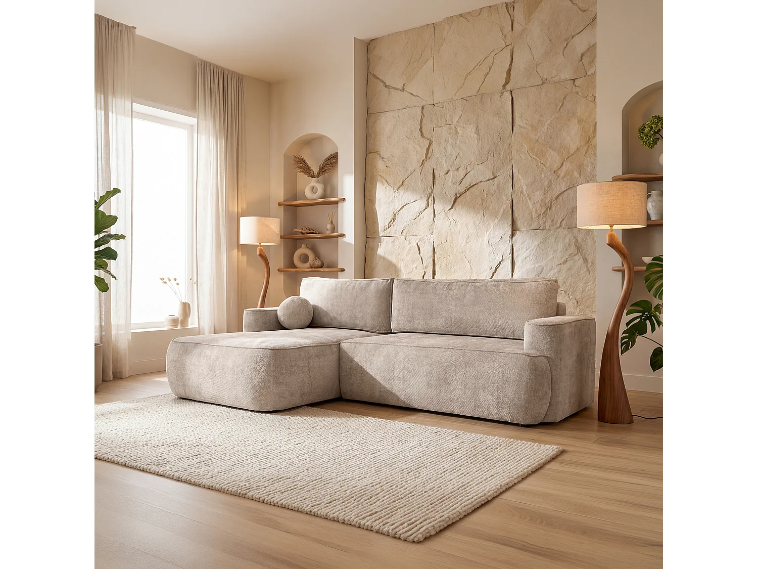 Canapé d'angle Moon, pour le salon, avec fonction couchage, Flow, droit, beige (02)