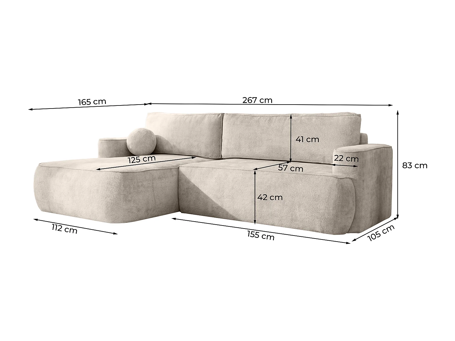 Canapé d'angle Moon, pour le salon, avec fonction couchage, Flow, droit, beige (02)