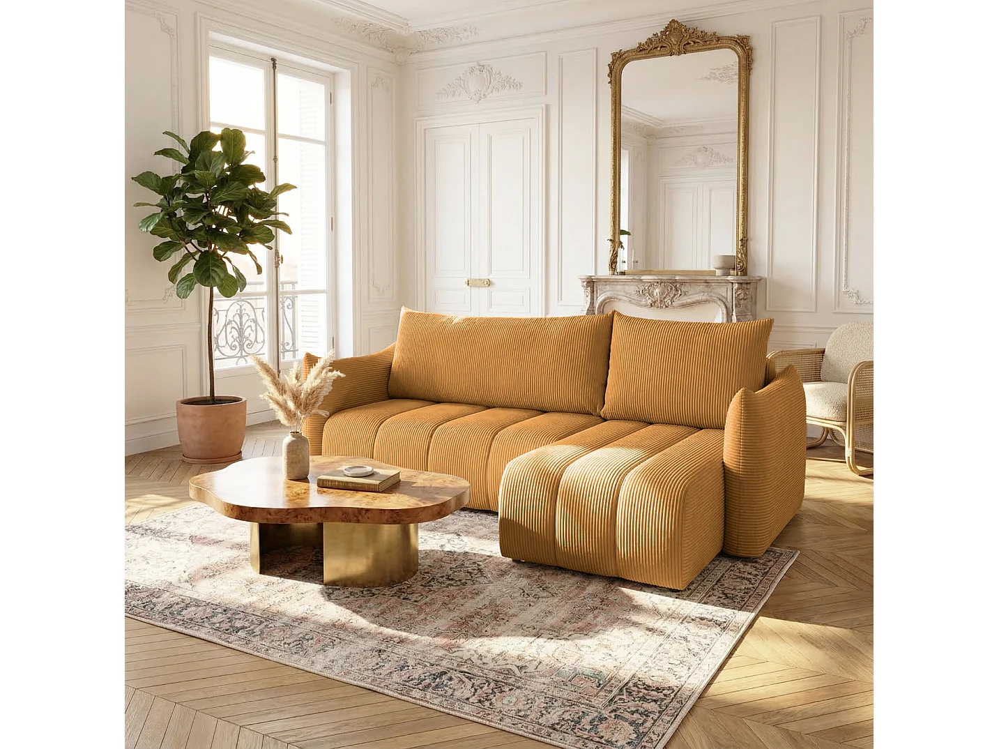 Narożnik uniwersalny z funkcją spania Flo Mini, Poso musztarda (01)