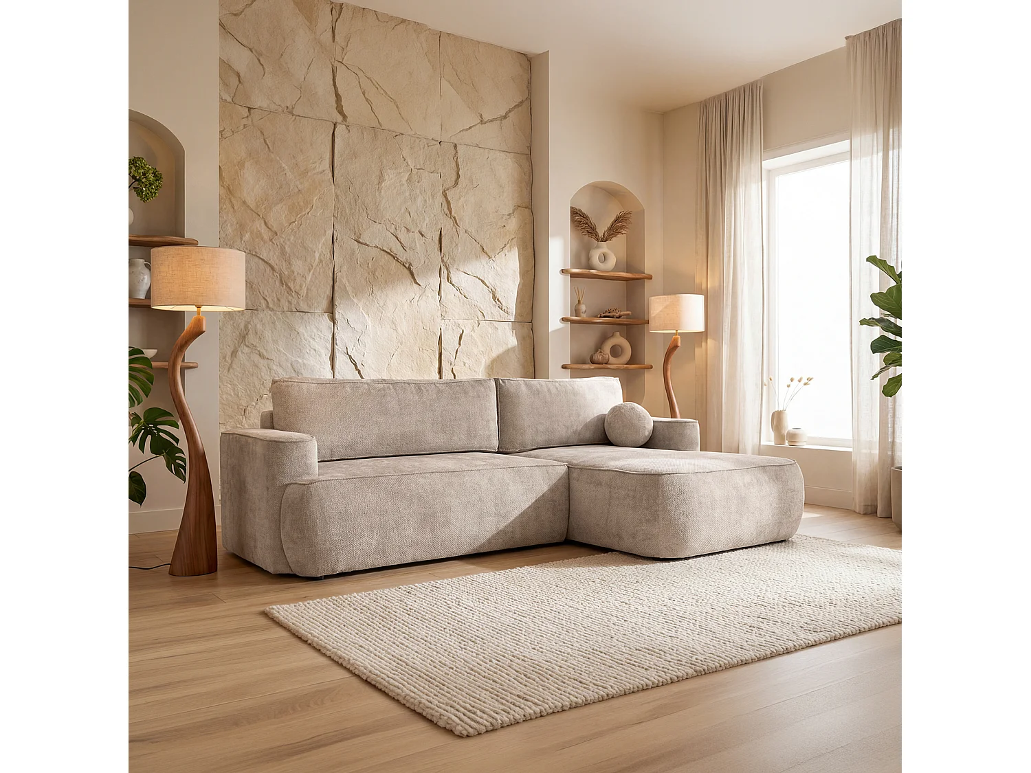 Canapé d'angle Moon, pour le salon, avec fonction couchage, Flow, gauche, beige (02)