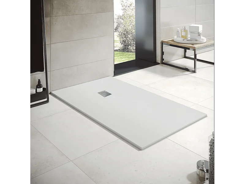 OPTIMA Extra flache Mineralguss-Duschwanne  4 Farben Grau RAL 7038 80x130  Ablaufschutz in Chrom