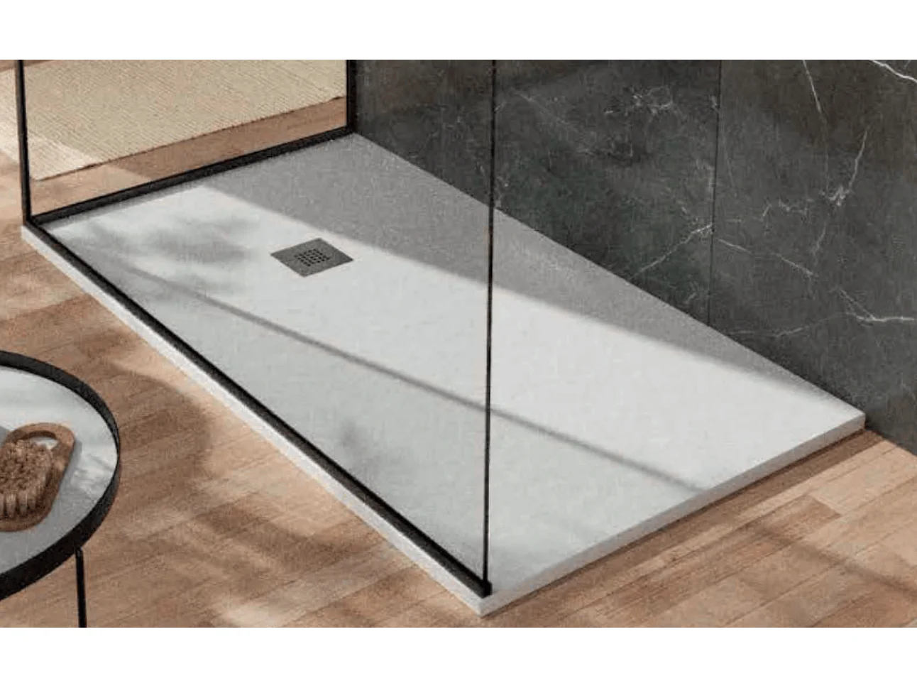 OPTIMA Extra flache Mineralguss-Duschwanne  4 Farben Graphit RAL 7016 90x110  Ablaufschutz in Chrom