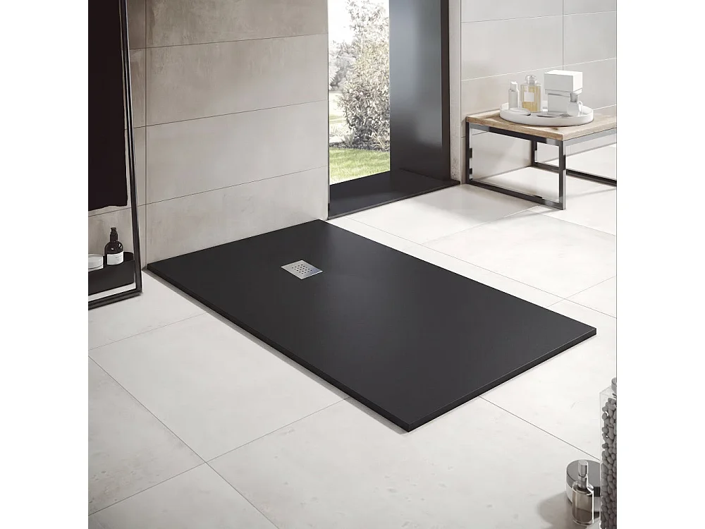 Plato de ducha pizarra OPTIMA  negro  80x90 rejilla acero inox.