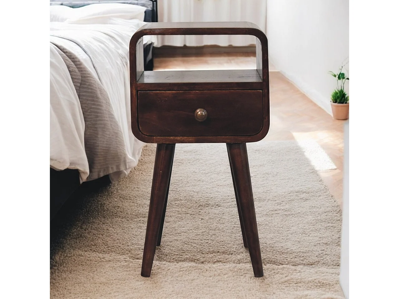 Artisan Furniture Solid Wood Mini California Walnut Curved Bedside with Open Slot