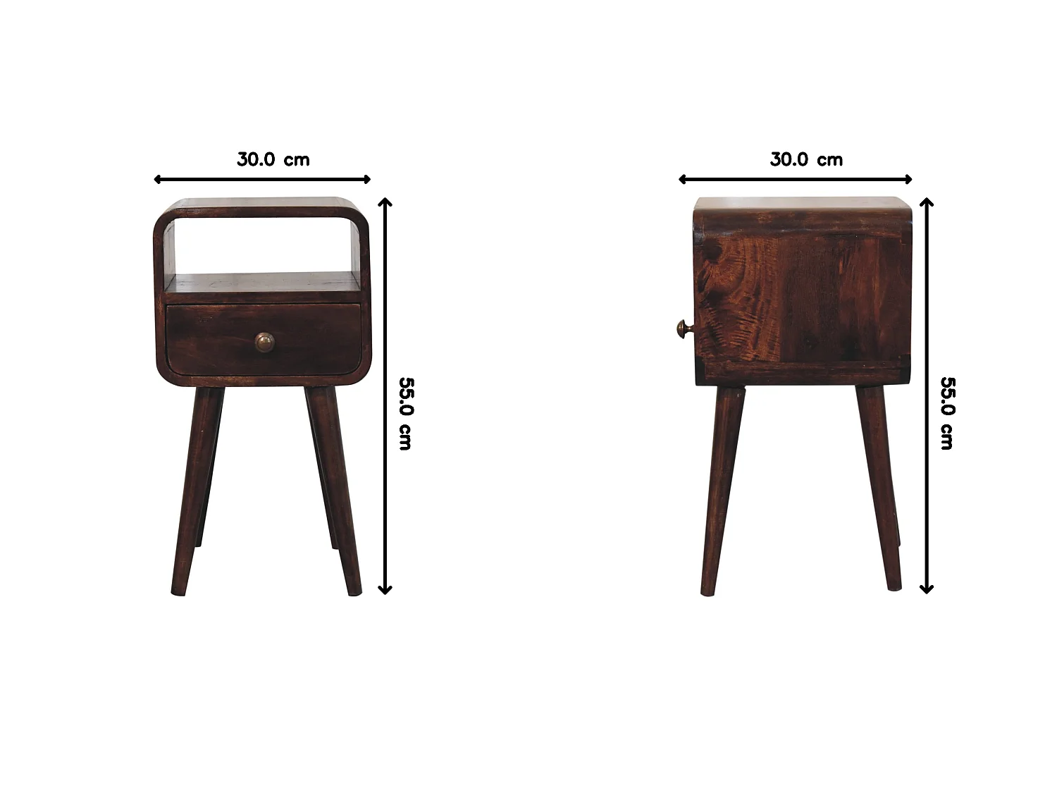 Artisan Furniture Mini table de chevet incurvée en bois massif finition noyer de Californie avec niche ouverte