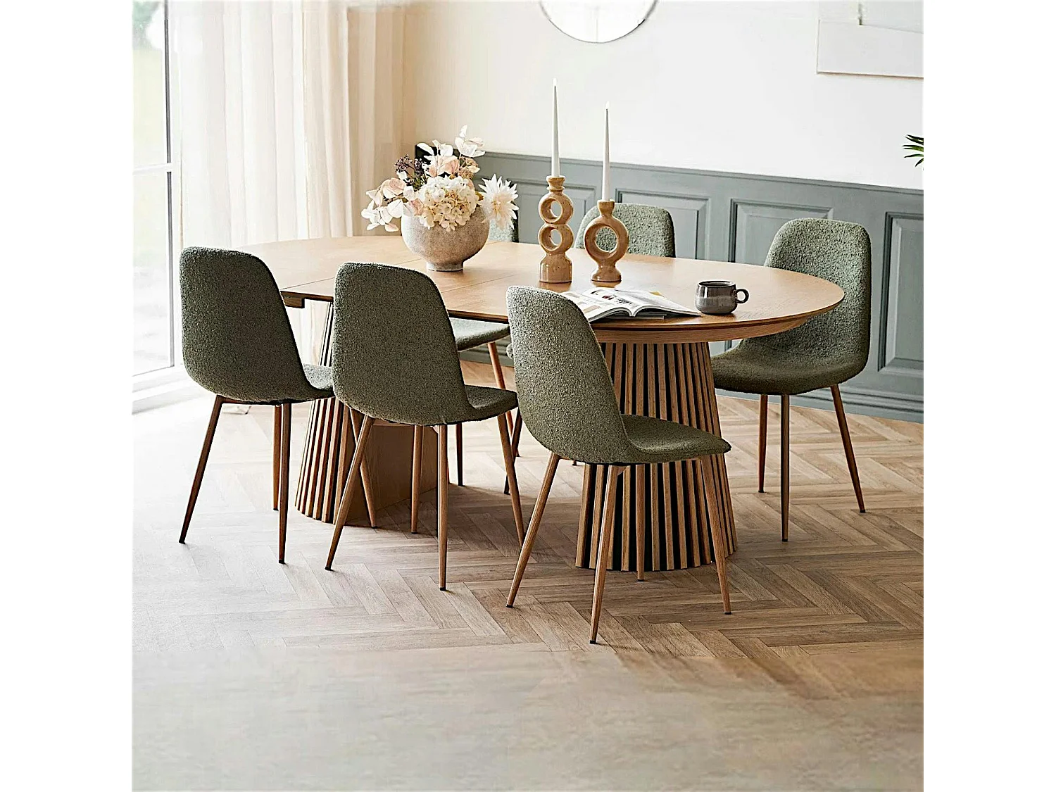 Ensemble table et chaises vertes bouclettes (lot de 9 pièces) AMSTERDAM