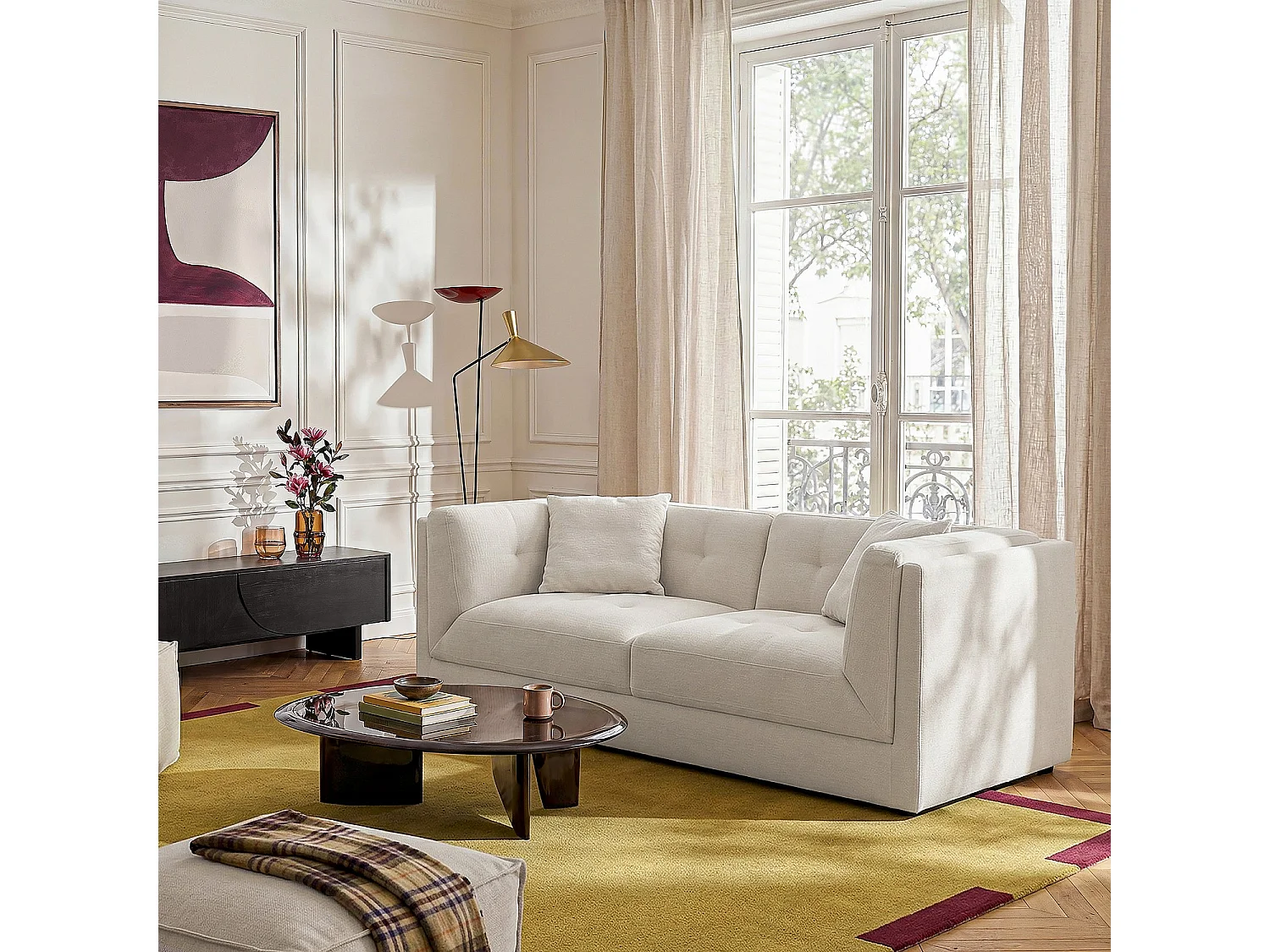 Canapé 3 places capitonné en tissu garni de plumes - Crème