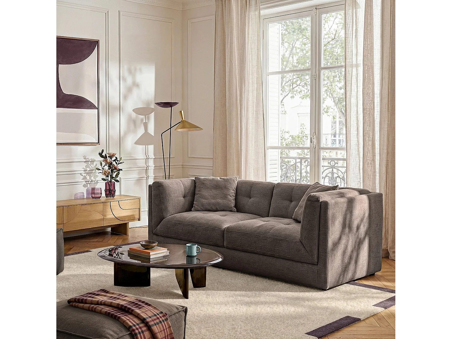 Canapé 3 places capitonné en tissu garni de plumes - Taupe