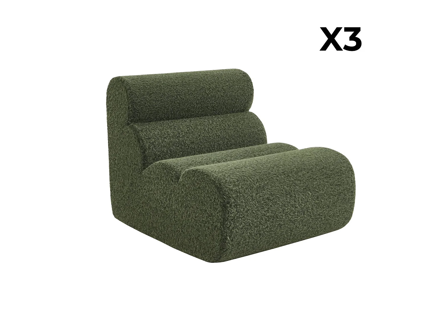 Lot de 3 chauffeuses tissu effet alpaca kaki 1 place - L 81 x P 99 x H 75cm - Nova