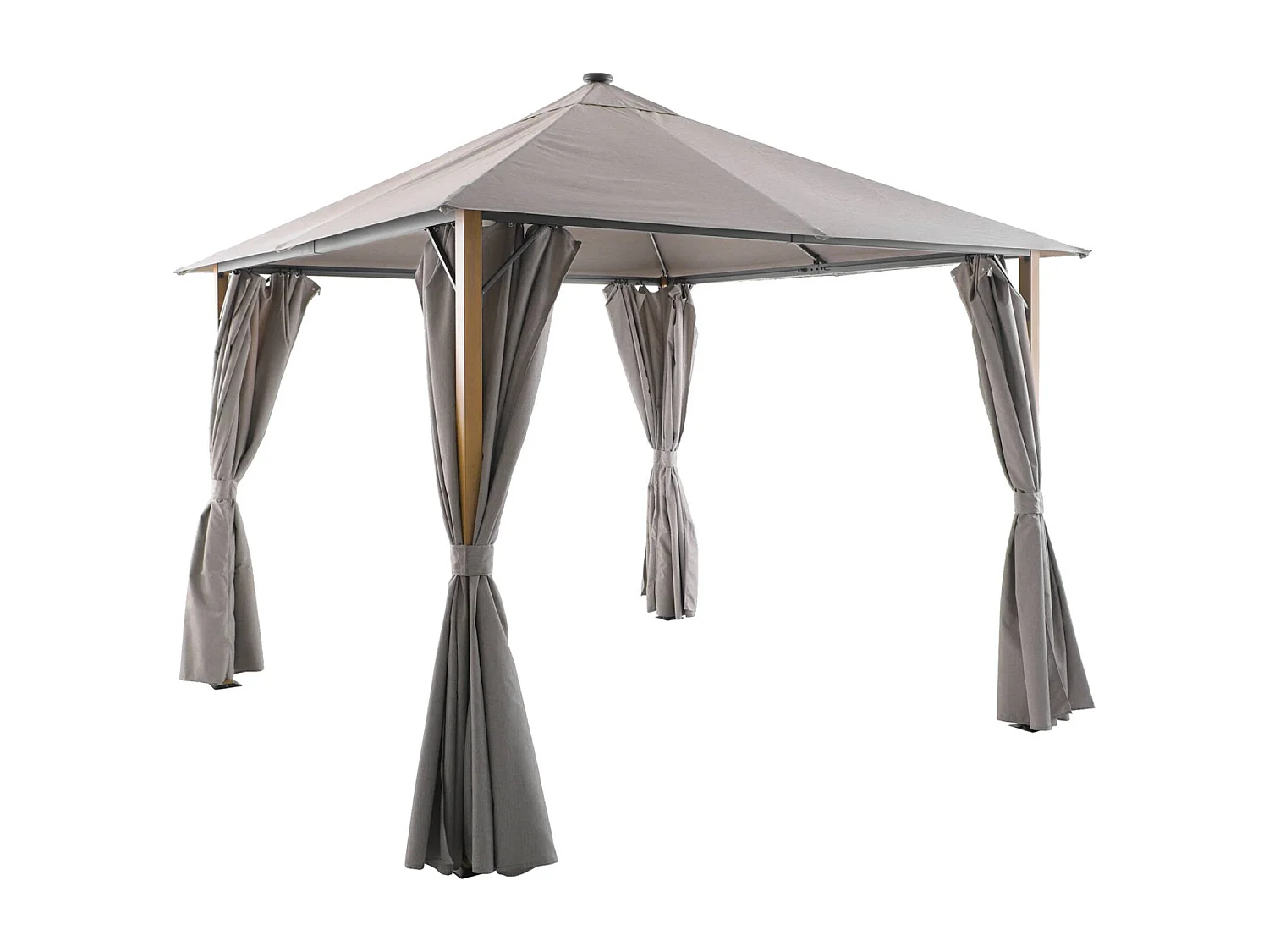 Gazebo de jardín 3x3m de aluminio efecto madera con cortinas y led