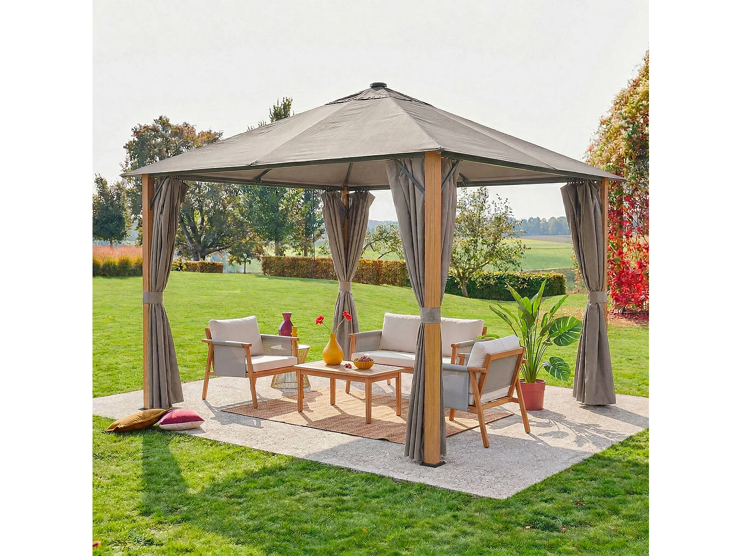 Gazebo de jardín 3x3m de aluminio efecto madera con cortinas y led