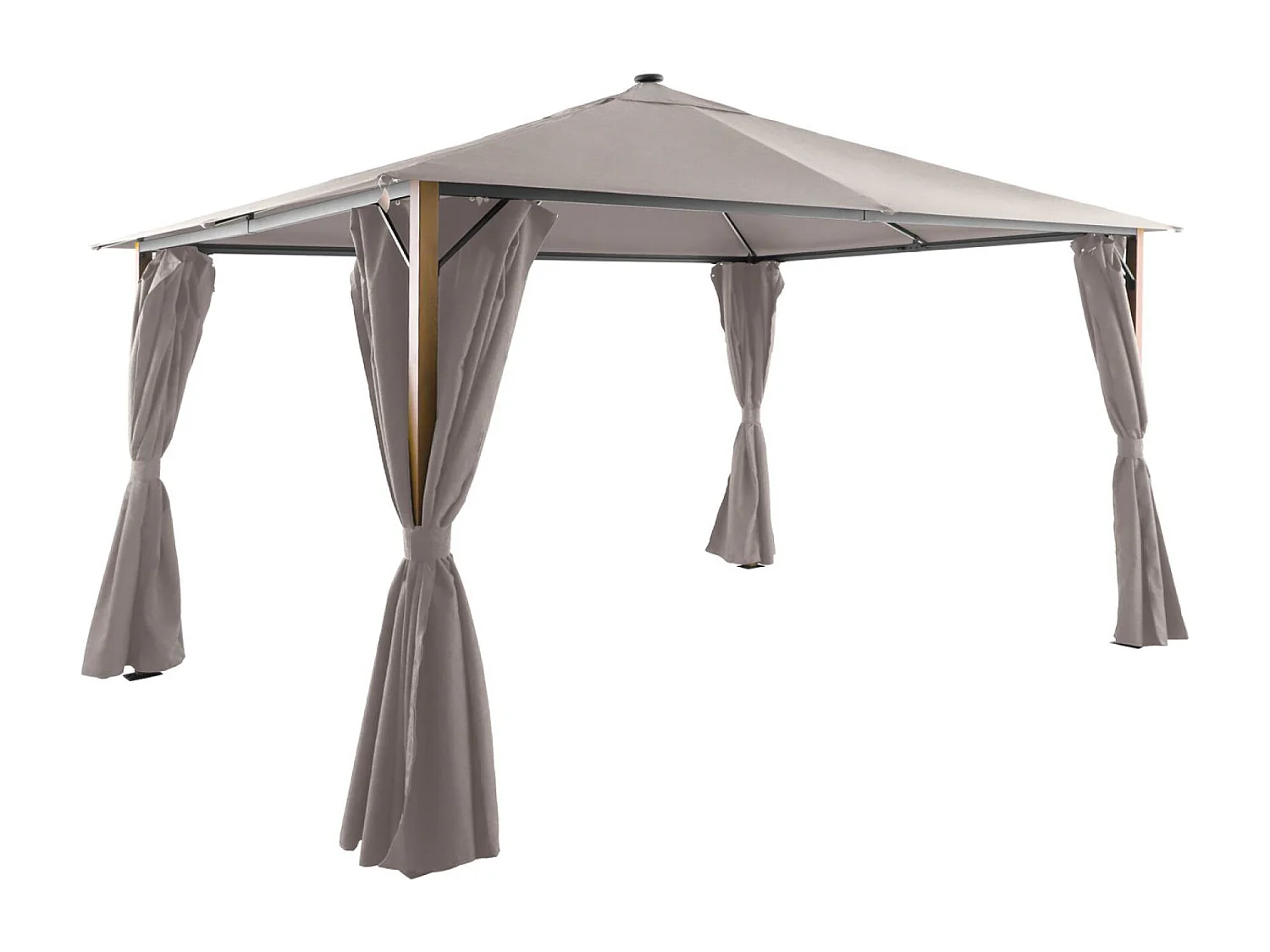 Gazebo de jardín 3x4m de aluminio efecto madera con cortinas y led