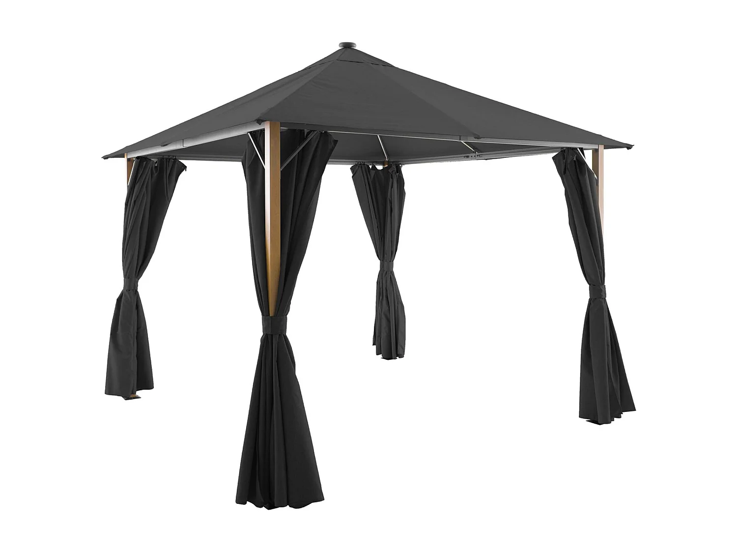 Gazebo de jardín 3x3m de aluminio efecto madera con cortinas y led