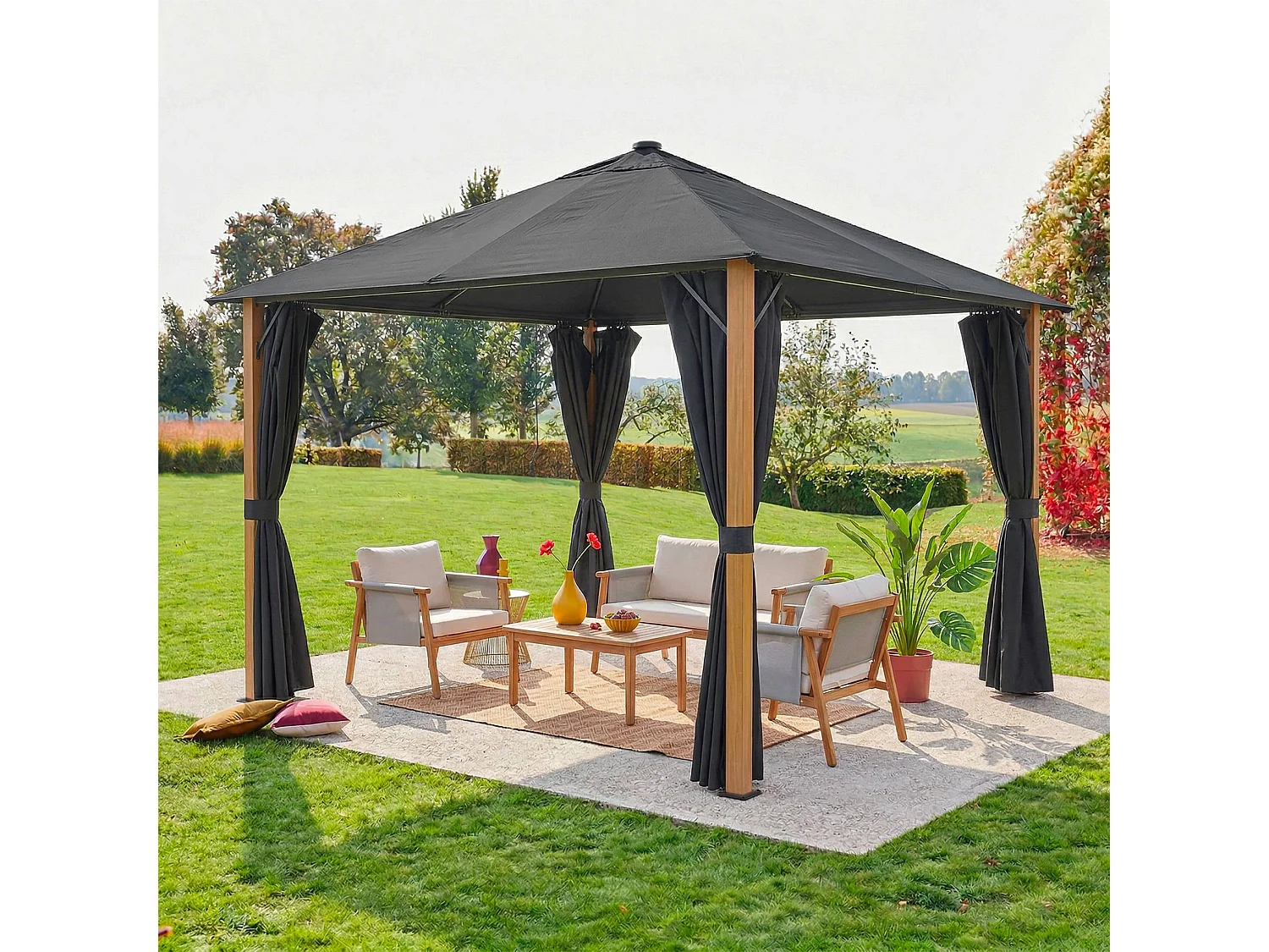 Gazebo de jardín 3x3m de aluminio efecto madera con cortinas y led
