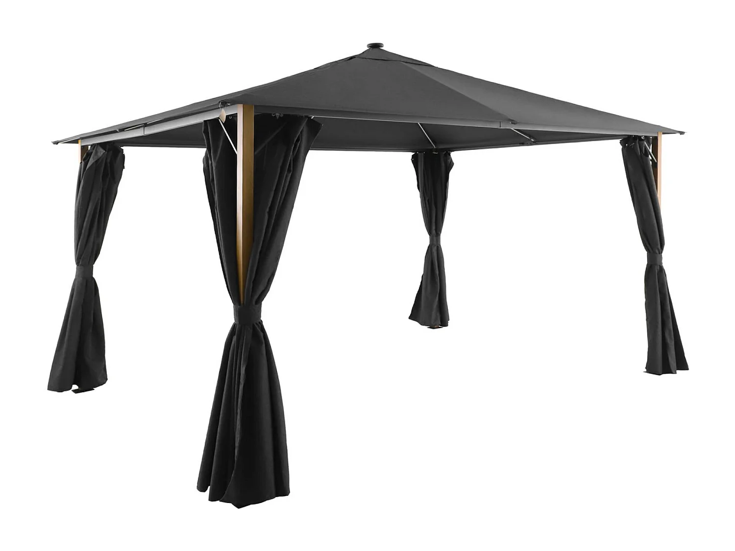 Gazebo de jardín 3x4m de aluminio efecto madera con cortinas y led