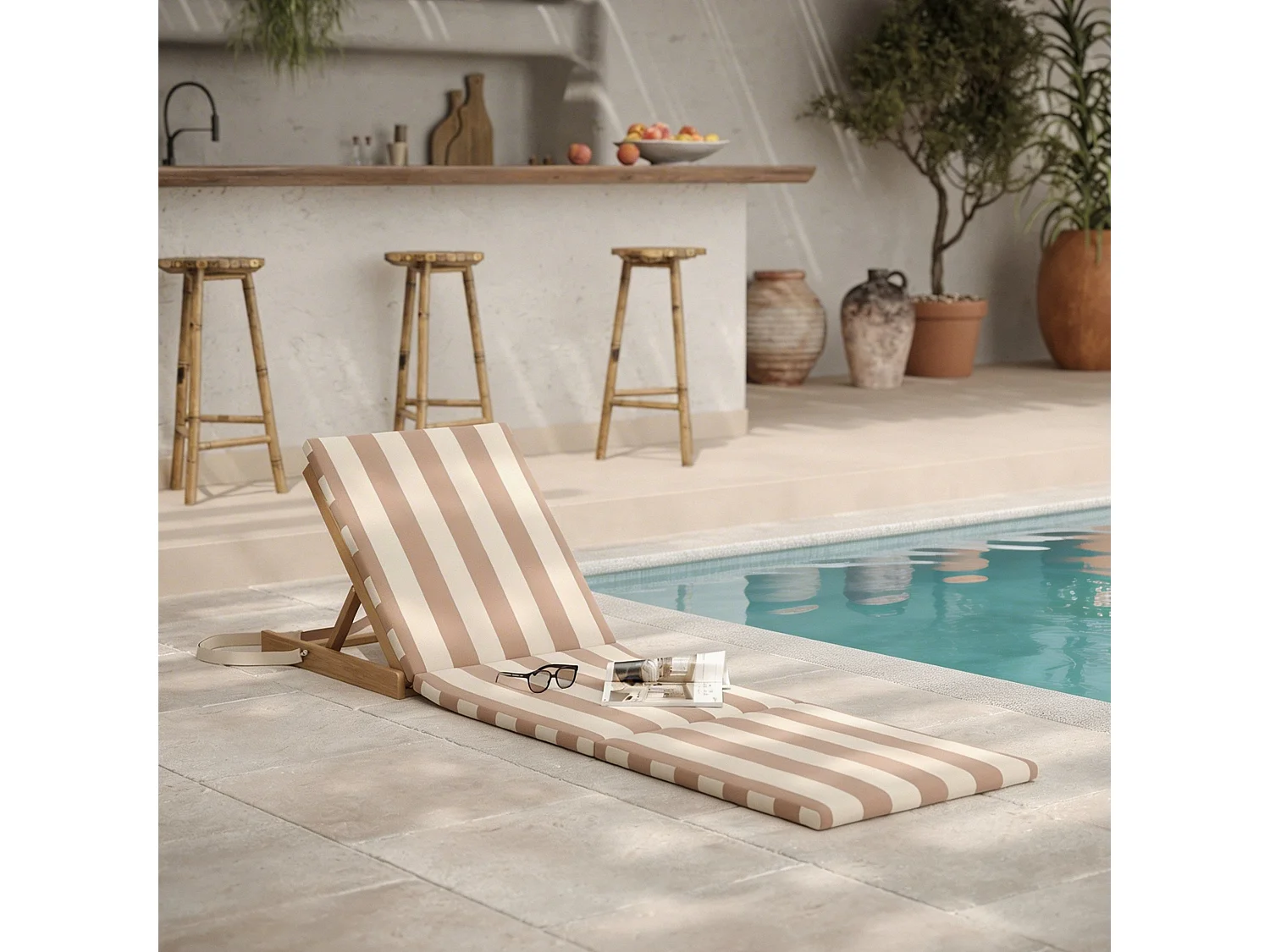 Chaise longue de plage pliable en tissu rayé écru et taupe - Balabac