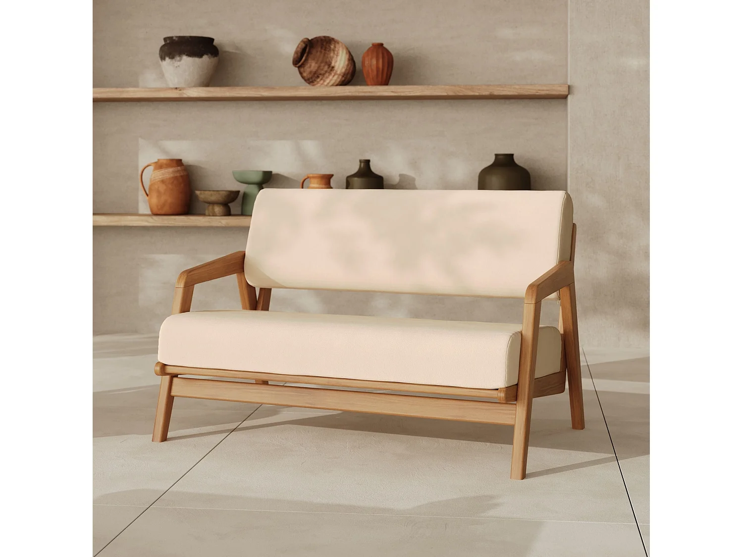 Divano da giardino in legno acacia, tessuto bouclé beige 2 posti - Siargao