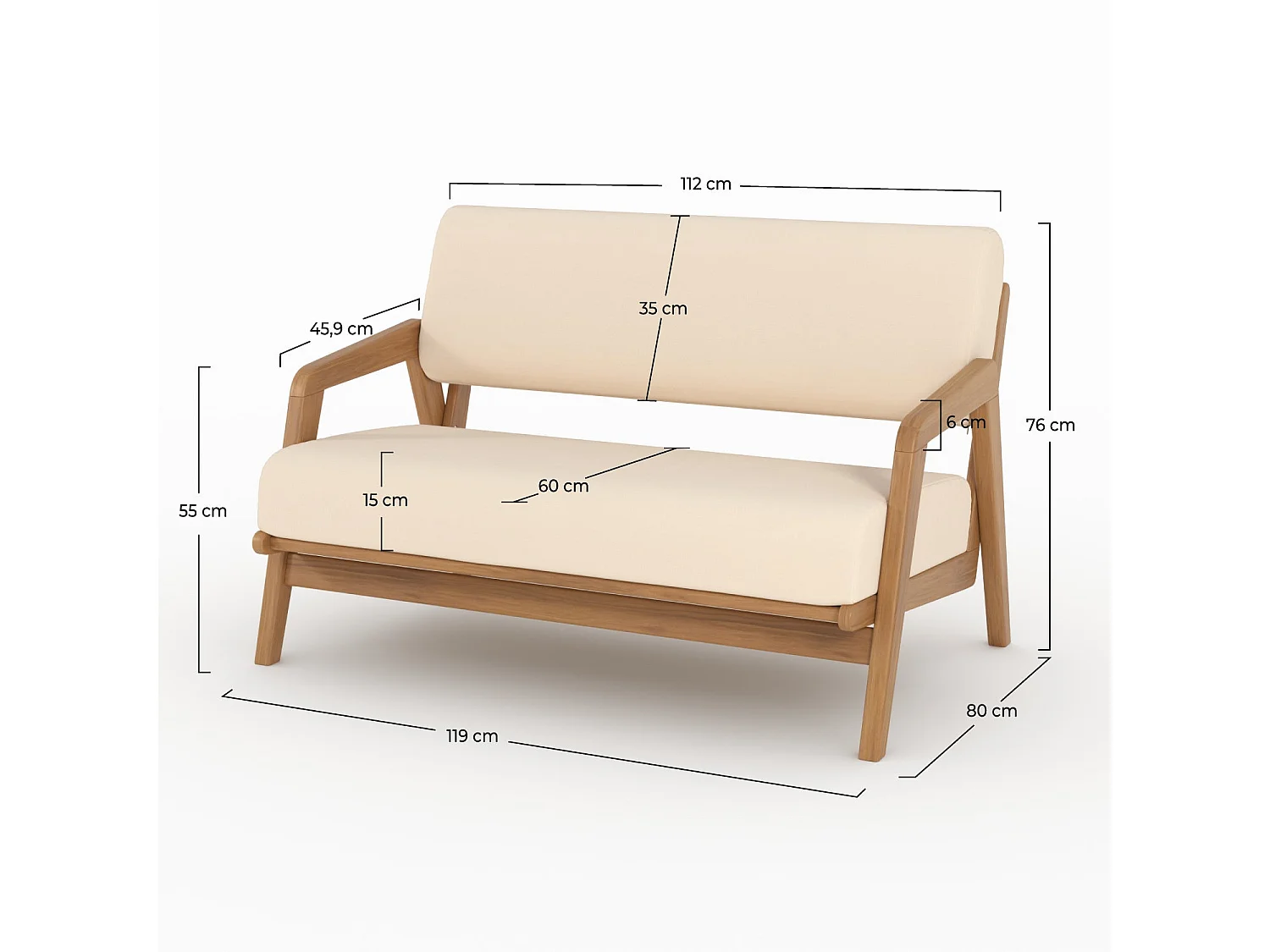 Divano da giardino in legno acacia, tessuto bouclé beige 2 posti - Siargao