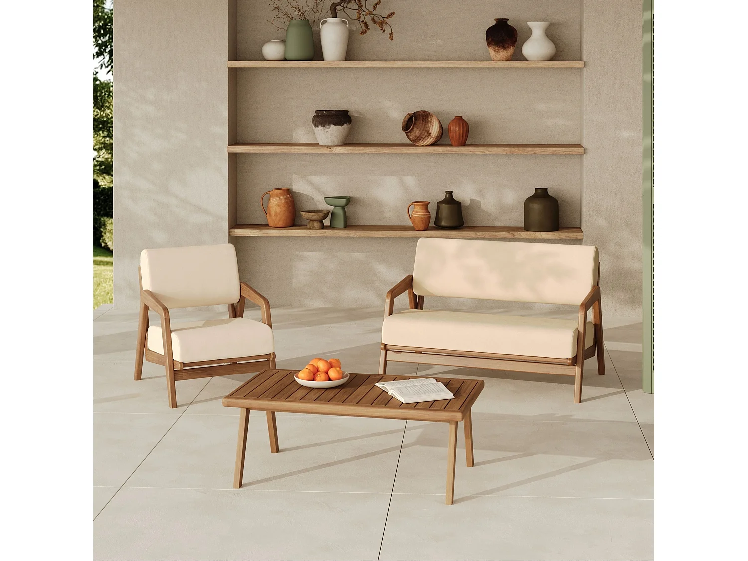 Divano da giardino in legno acacia, tessuto bouclé beige 2 posti - Siargao