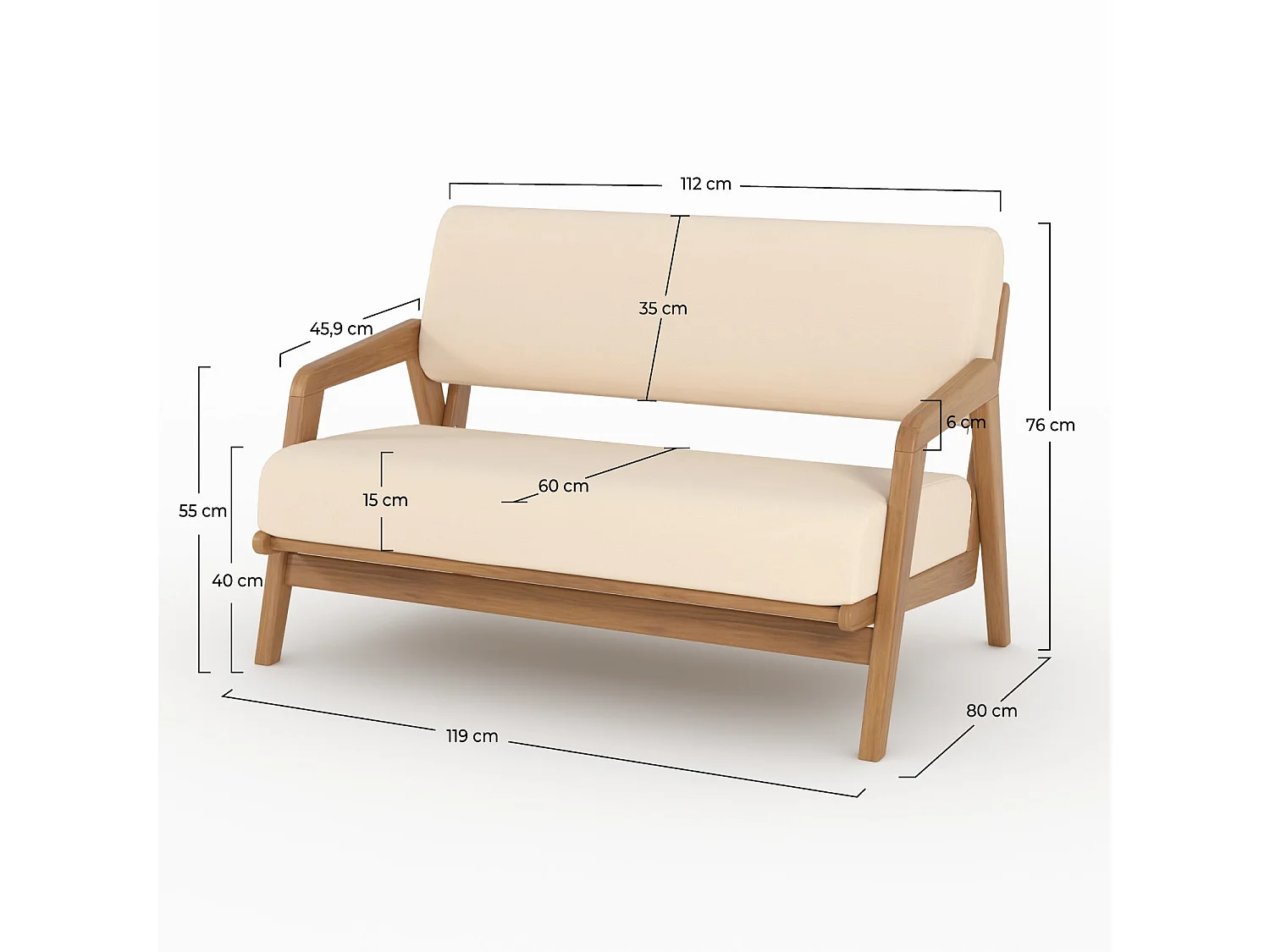 Divano da giardino in legno acacia, tessuto bouclé beige 2 posti - Siargao