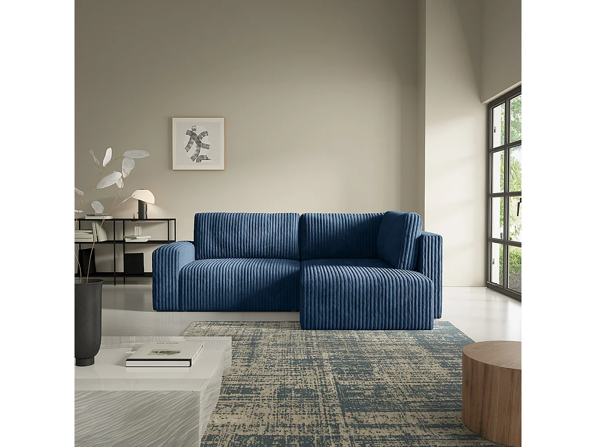 Canapé d'angle réversible et convertible 4 places avec coffre et accoudoirs Angela Bleu marine