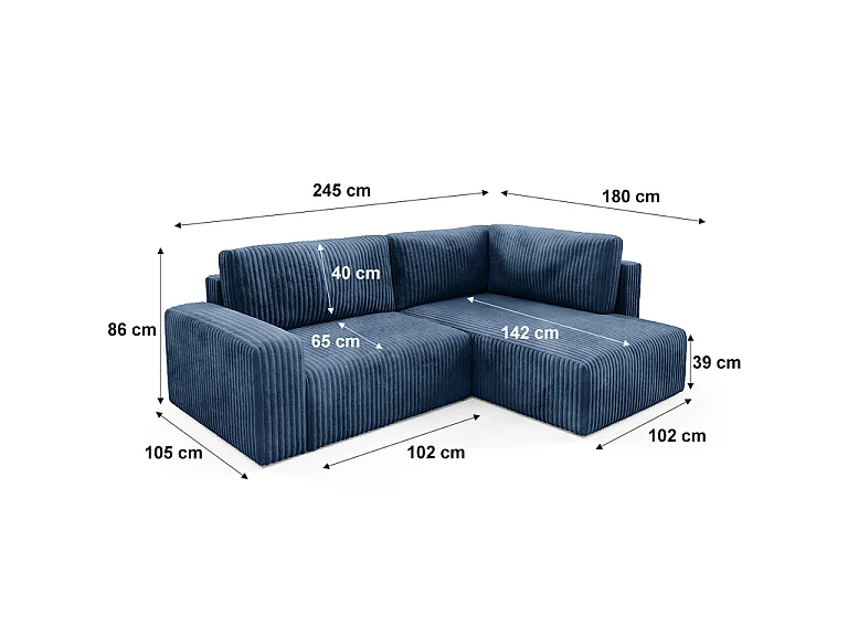 Canapé d'angle réversible et convertible 4 places avec coffre et accoudoirs Angela Bleu marine
